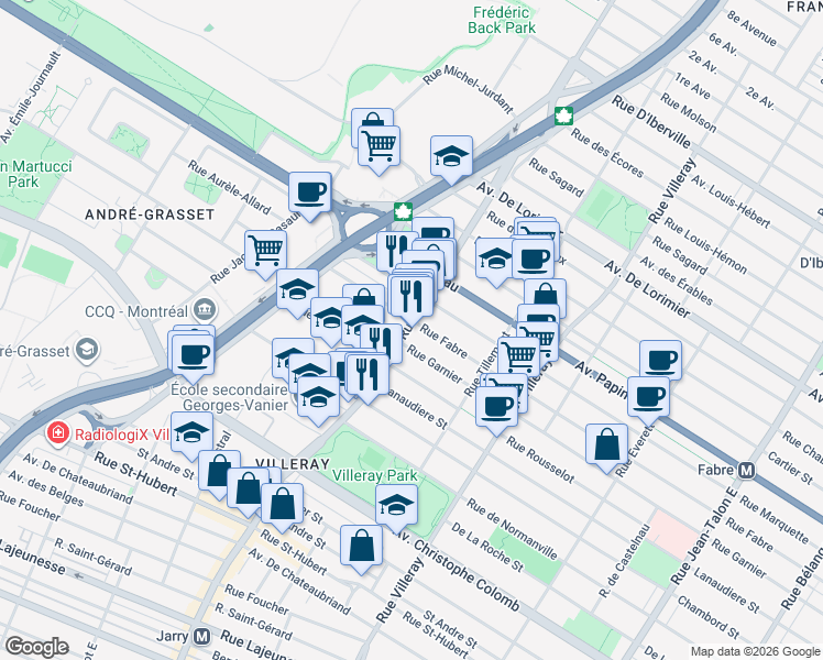 map of restaurants, bars, coffee shops, grocery stores, and more near 1536 Rue Jarry Est in Montréal