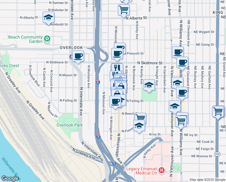 map of restaurants, bars, coffee shops, grocery stores, and more near 3932 North Mississippi Avenue in Portland
