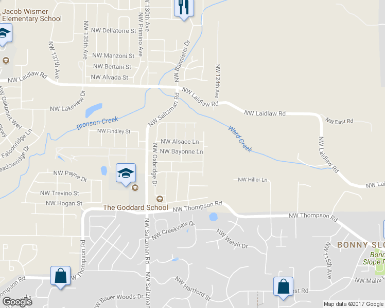 map of restaurants, bars, coffee shops, grocery stores, and more near 12541 Northwest Bayonne Lane in Portland