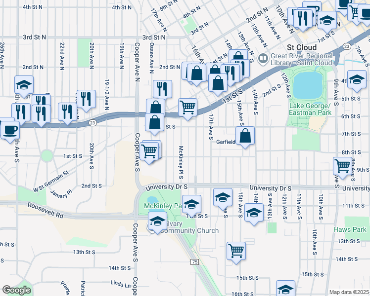 map of restaurants, bars, coffee shops, grocery stores, and more near 729 Washington Memorial Drive in St. Cloud