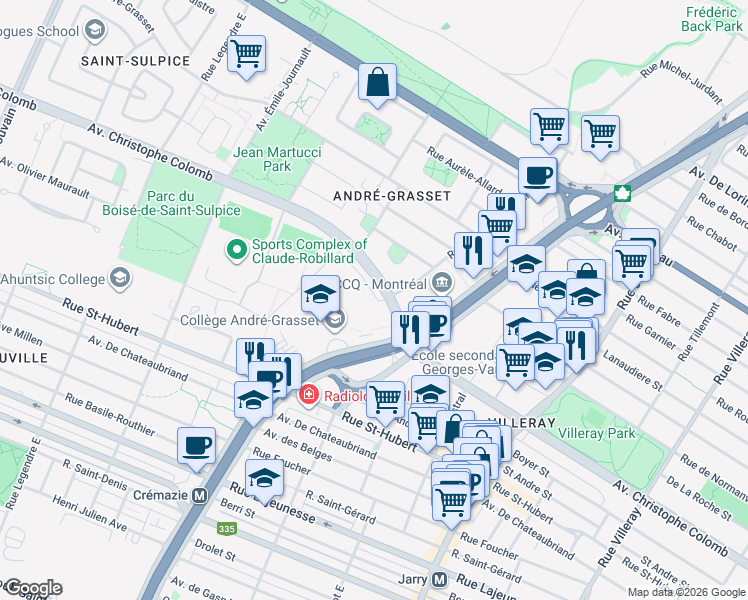 map of restaurants, bars, coffee shops, grocery stores, and more near in Montréal