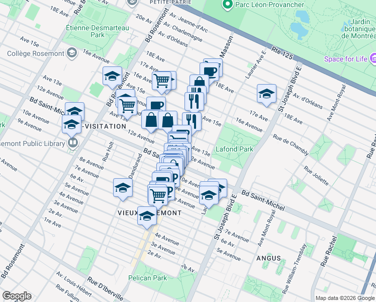 map of restaurants, bars, coffee shops, grocery stores, and more near in Montreal