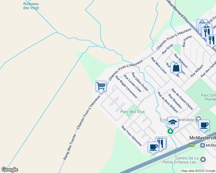 map of restaurants, bars, coffee shops, grocery stores, and more near 345 Boulevard Yvon-L'Heureux S in McMasterville