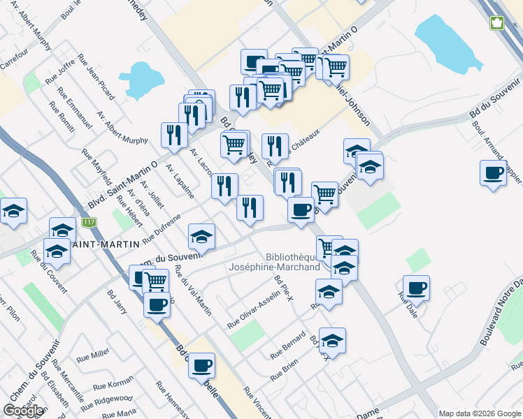 map of restaurants, bars, coffee shops, grocery stores, and more near 3497 Boulevard du Souvenir in Laval