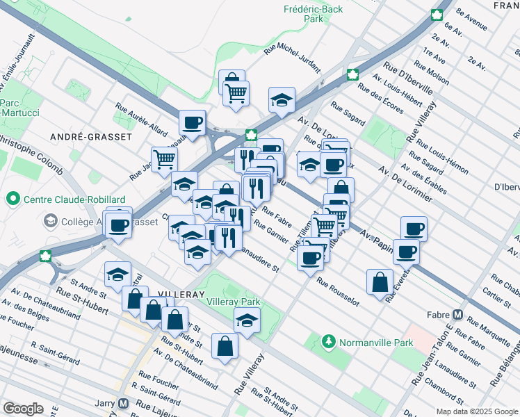 map of restaurants, bars, coffee shops, grocery stores, and more near 8092 Rue Fabre in Montreal
