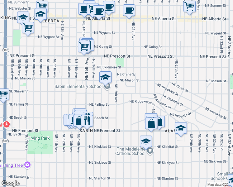 map of restaurants, bars, coffee shops, grocery stores, and more near Northeast Shaver Street in Portland