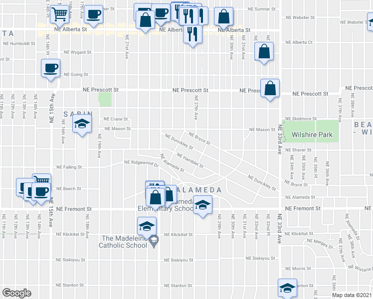 map of restaurants, bars, coffee shops, grocery stores, and more near 2638 NE Dunckley St in Portland