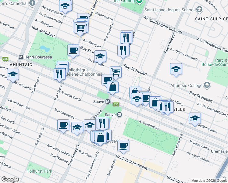 map of restaurants, bars, coffee shops, grocery stores, and more near 9688 Rue Basile-Routhier in Montréal