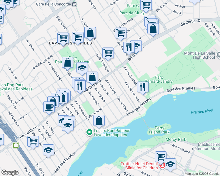 map of restaurants, bars, coffee shops, grocery stores, and more near 84C Avenue du Parc in Laval