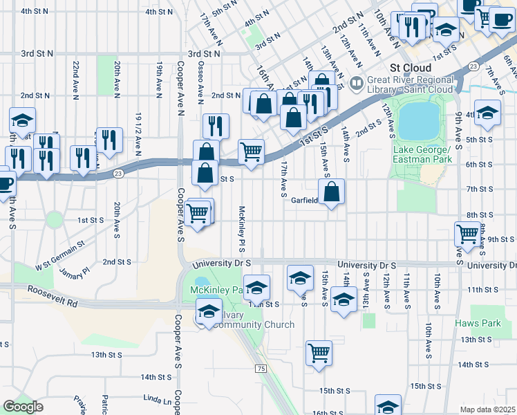 map of restaurants, bars, coffee shops, grocery stores, and more near 737 Washington Memorial Drive in St. Cloud