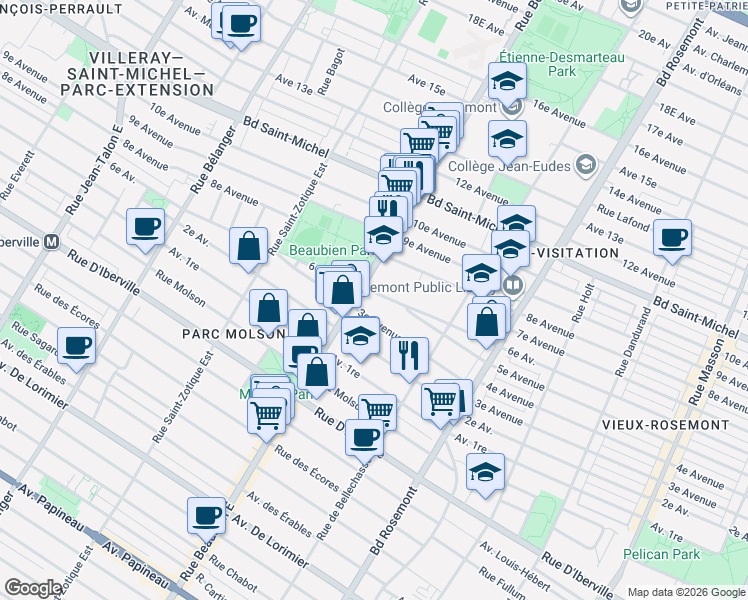 map of restaurants, bars, coffee shops, grocery stores, and more near 6406 6e Avenue in Montréal