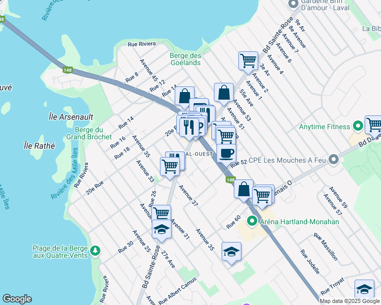 map of restaurants, bars, coffee shops, grocery stores, and more near in Laval