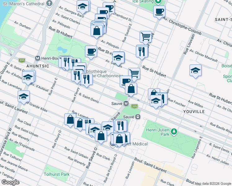 map of restaurants, bars, coffee shops, grocery stores, and more near 9910 Rue Lajeunesse in Montréal