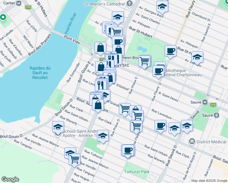 map of restaurants, bars, coffee shops, grocery stores, and more near 10629 Rue Laverdure in Montréal