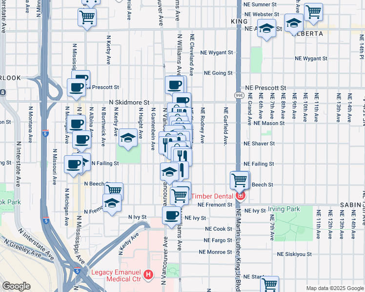 map of restaurants, bars, coffee shops, grocery stores, and more near 3947 North Williams Avenue in Portland