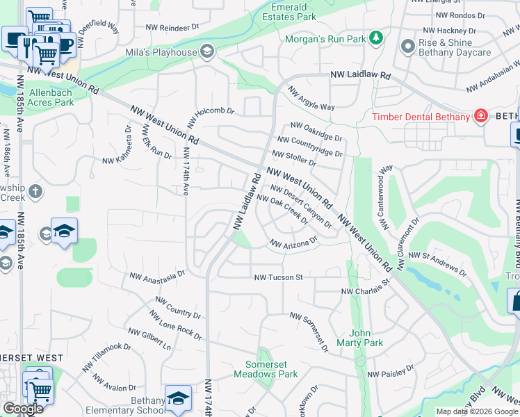 map of restaurants, bars, coffee shops, grocery stores, and more near 16941 Northwest Arizona Drive in Beaverton