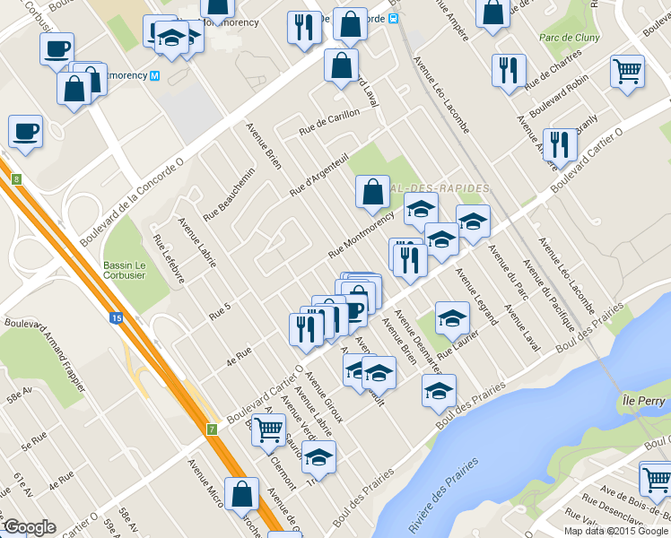map of restaurants, bars, coffee shops, grocery stores, and more near 169 Avenue Mariale in Laval
