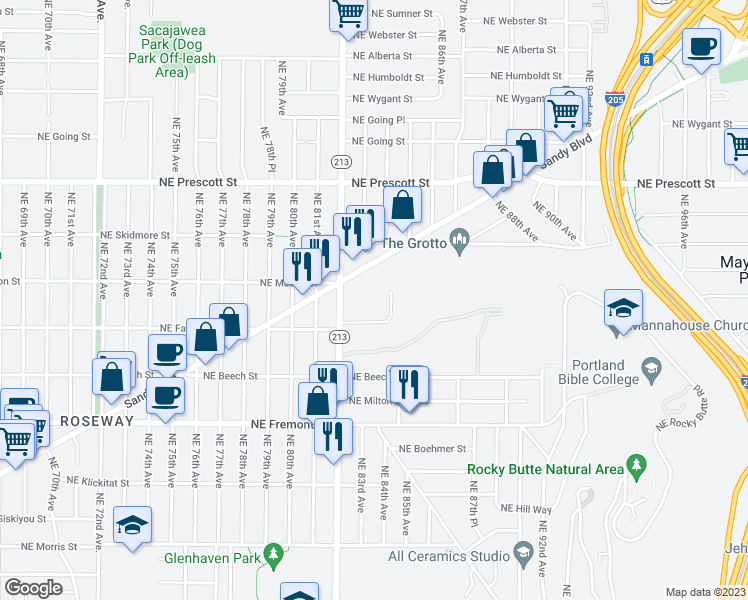 map of restaurants, bars, coffee shops, grocery stores, and more near 8320 Northeast Sandy Boulevard in Portland