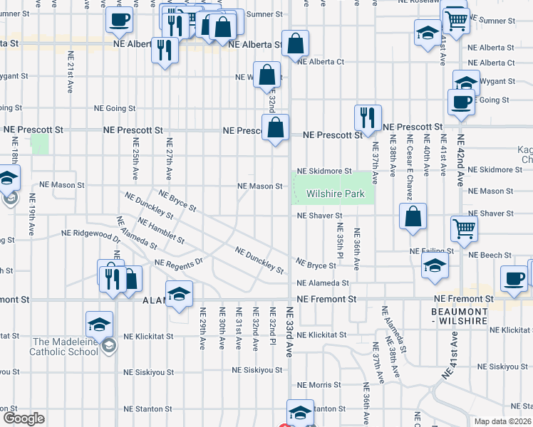 map of restaurants, bars, coffee shops, grocery stores, and more near 4004 Northeast 32nd Avenue in Portland