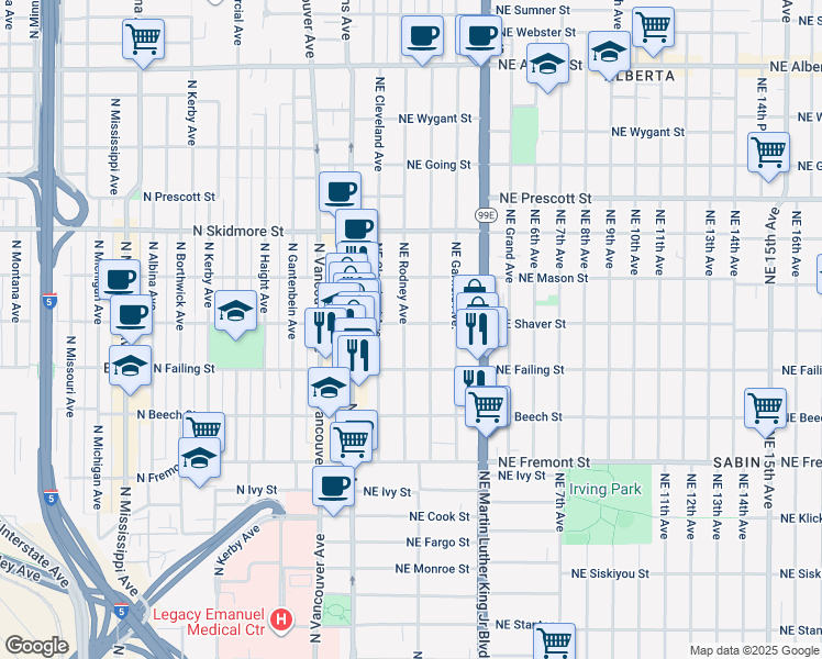 map of restaurants, bars, coffee shops, grocery stores, and more near 3975 Northeast Mallory Avenue in Portland