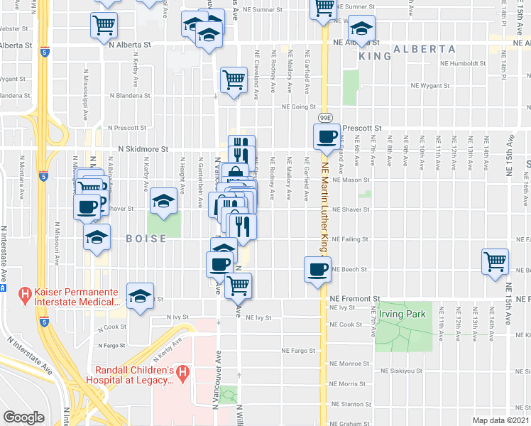 map of restaurants, bars, coffee shops, grocery stores, and more near 60 Northeast Shaver Street in Portland
