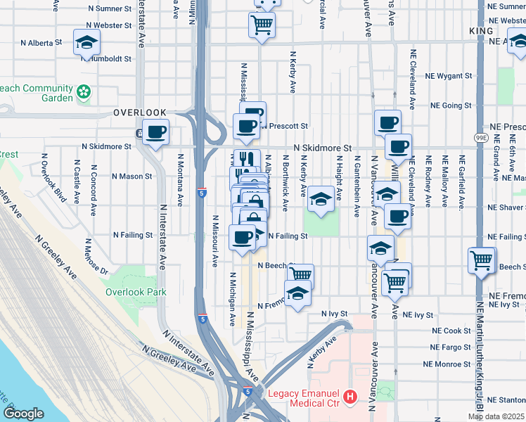 map of restaurants, bars, coffee shops, grocery stores, and more near 802 North Shaver Street in Portland