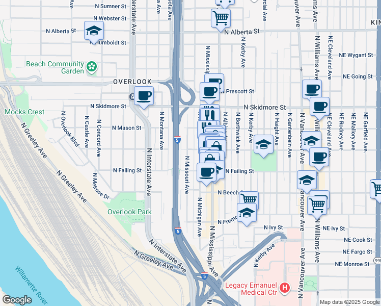 map of restaurants, bars, coffee shops, grocery stores, and more near 1036 North Shaver Street in Portland