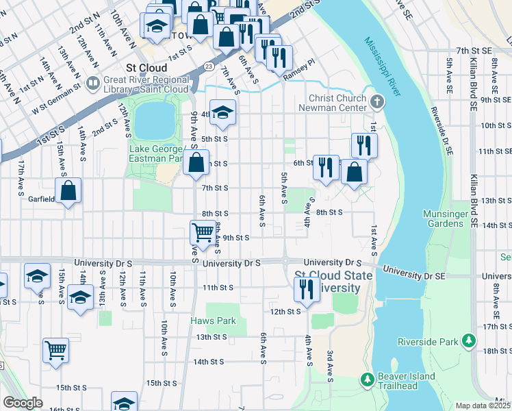 map of restaurants, bars, coffee shops, grocery stores, and more near 721 6th Avenue South in St. Cloud