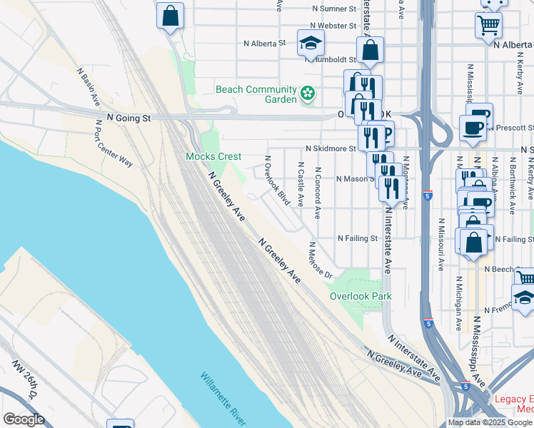 map of restaurants, bars, coffee shops, grocery stores, and more near 4019 North Overlook Terrace in Portland