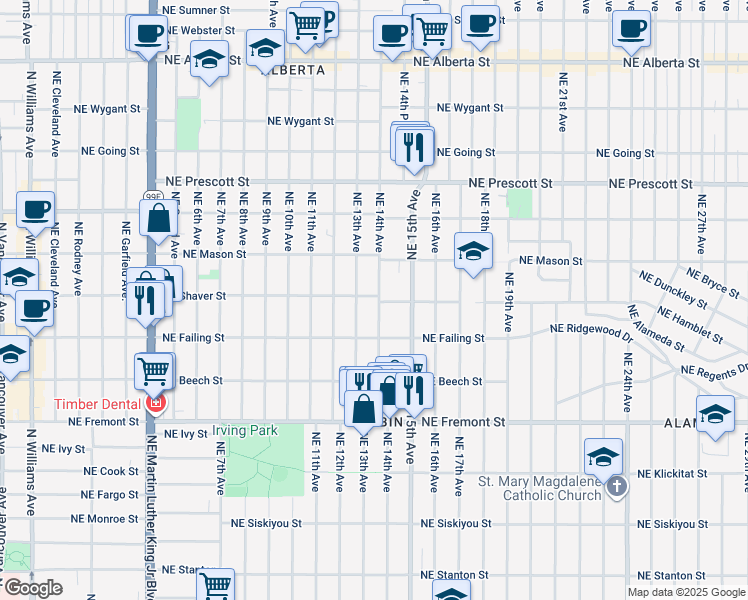 map of restaurants, bars, coffee shops, grocery stores, and more near 3973 Northeast 14th Avenue in Portland
