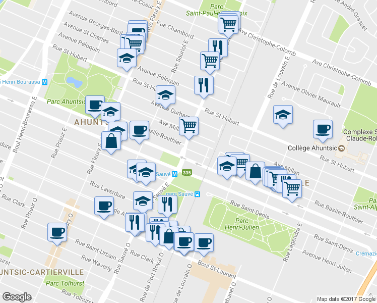 map of restaurants, bars, coffee shops, grocery stores, and more near 9688 Rue Basile-Routhier in Montréal