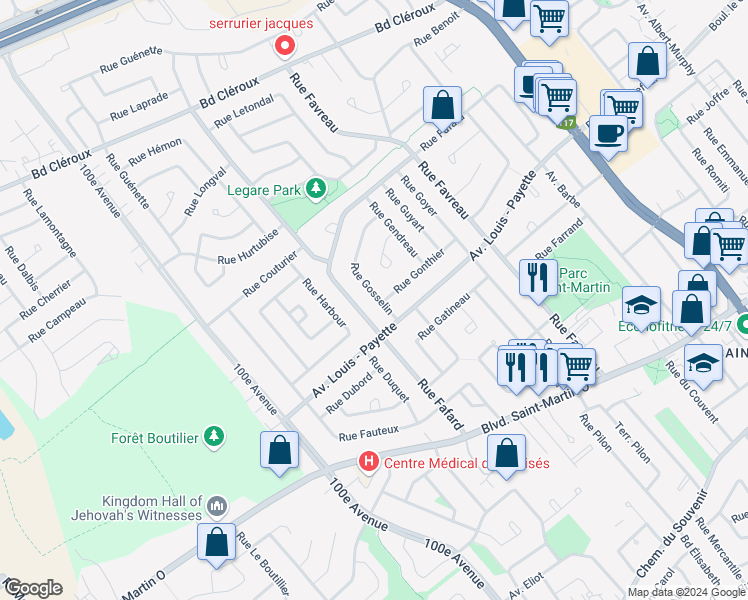 map of restaurants, bars, coffee shops, grocery stores, and more near 2054 Rue Gosselin in Laval