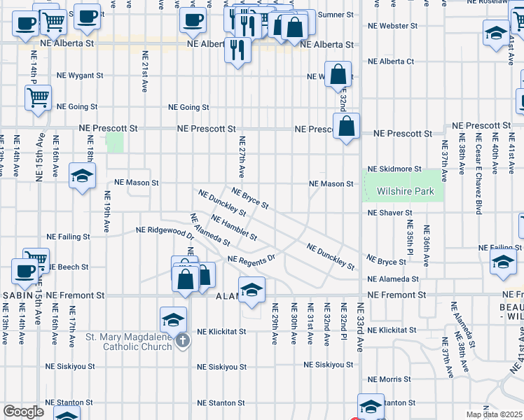 map of restaurants, bars, coffee shops, grocery stores, and more near 2818 Northeast Bryce Street in Portland