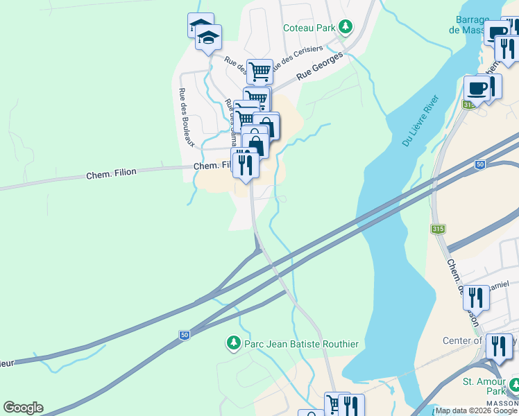 map of restaurants, bars, coffee shops, grocery stores, and more near 90 Rue Georges in Gatineau
