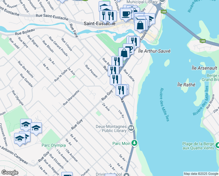 map of restaurants, bars, coffee shops, grocery stores, and more near 14 Rue Guy in Saint-Constant