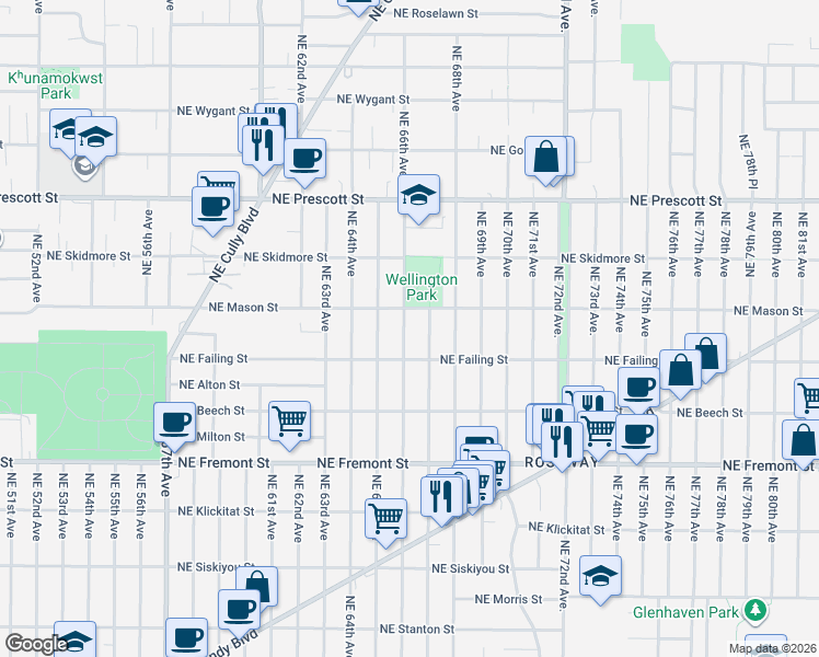 map of restaurants, bars, coffee shops, grocery stores, and more near 4000 Northeast 66th Avenue in Portland