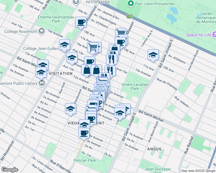 map of restaurants, bars, coffee shops, grocery stores, and more near 3328 Rue Masson in Montréal