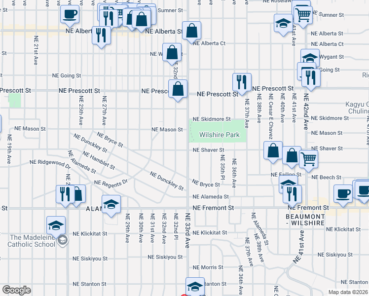 map of restaurants, bars, coffee shops, grocery stores, and more near 3281 Northeast Shaver Street in Portland