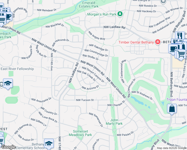 map of restaurants, bars, coffee shops, grocery stores, and more near 16768 Northwest Desert Canyon Drive in Beaverton