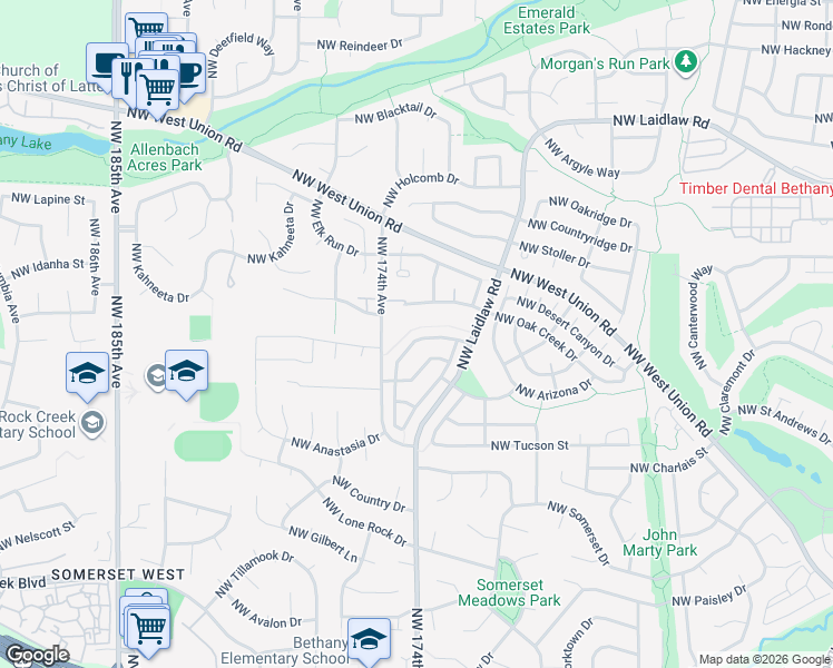map of restaurants, bars, coffee shops, grocery stores, and more near 17239 Northwest Gold Canyon Lane in Beaverton