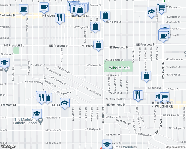 map of restaurants, bars, coffee shops, grocery stores, and more near 4004 Northeast 32nd Avenue in Portland