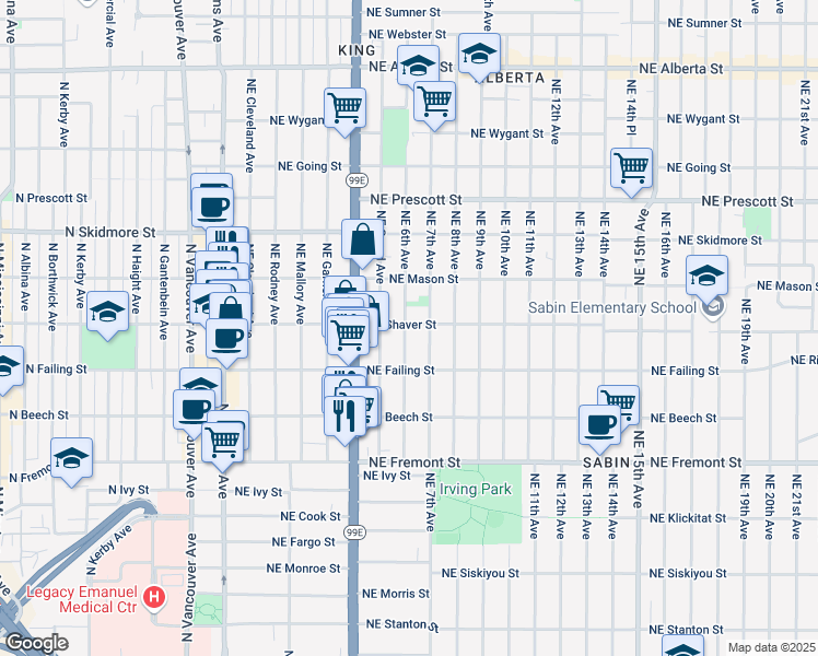 map of restaurants, bars, coffee shops, grocery stores, and more near 604 Northeast Shaver Street in Portland
