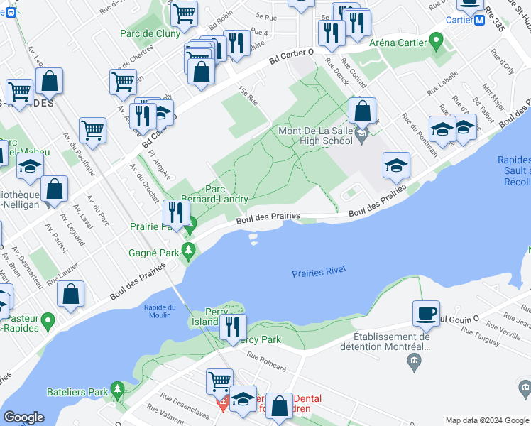 map of restaurants, bars, coffee shops, grocery stores, and more near 197 Boulevard des Prairies in Laval