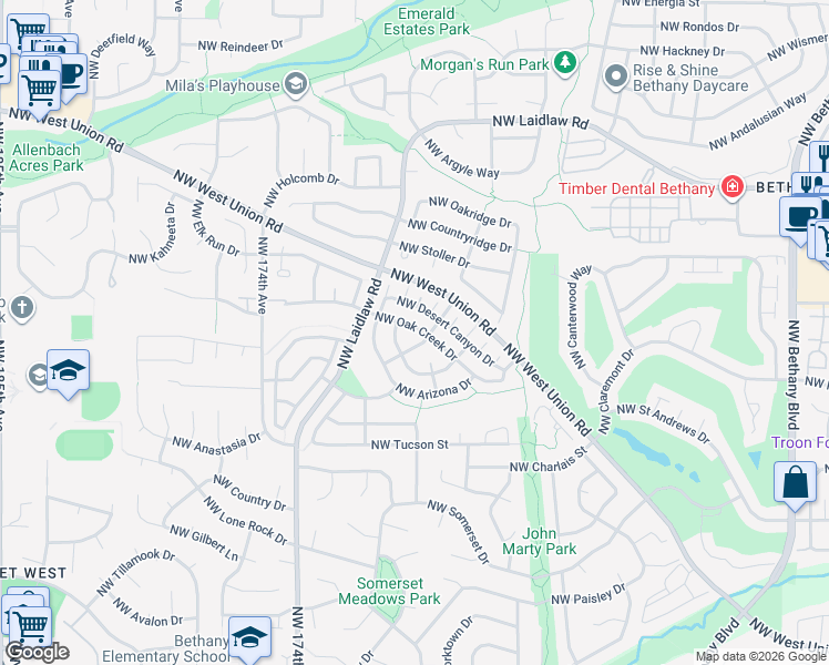 map of restaurants, bars, coffee shops, grocery stores, and more near 16860 NW Oak Creek Dr in Beaverton