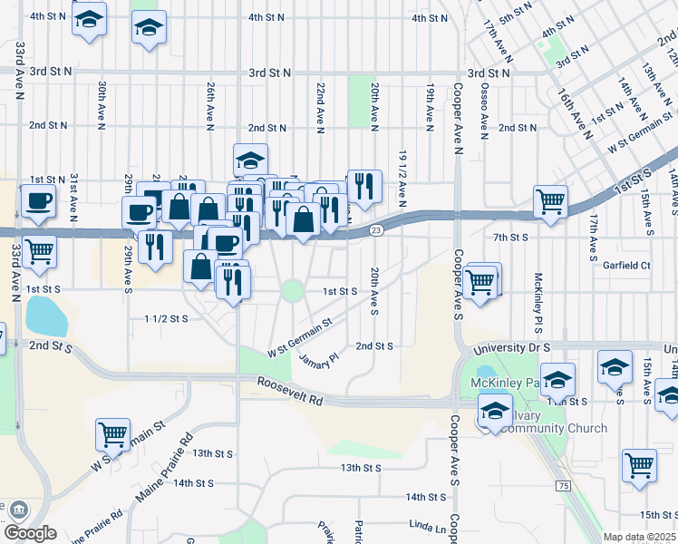 map of restaurants, bars, coffee shops, grocery stores, and more near 35 21st Avenue South in St. Cloud