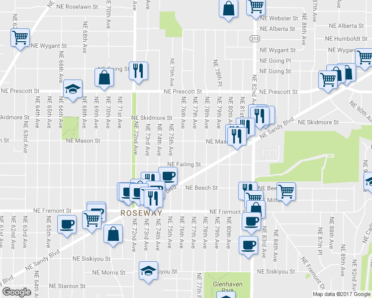 map of restaurants, bars, coffee shops, grocery stores, and more near 4014 Northeast 76th Avenue in Portland