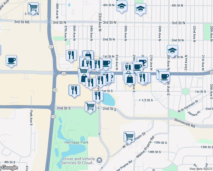 map of restaurants, bars, coffee shops, grocery stores, and more near 44 33rd Avenue South in St. Cloud