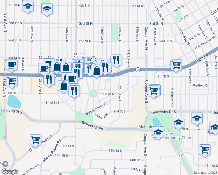 map of restaurants, bars, coffee shops, grocery stores, and more near 35 21st Avenue South in St. Cloud