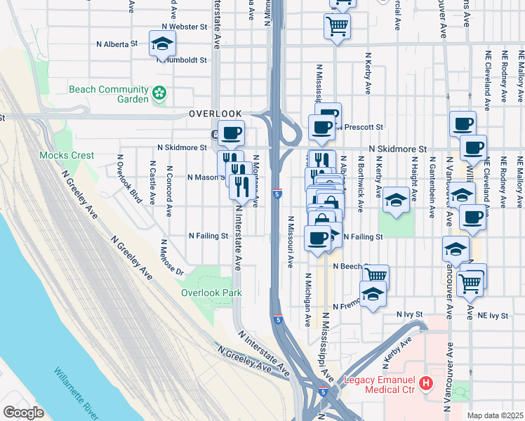 map of restaurants, bars, coffee shops, grocery stores, and more near 1224 North Shaver Street in Portland