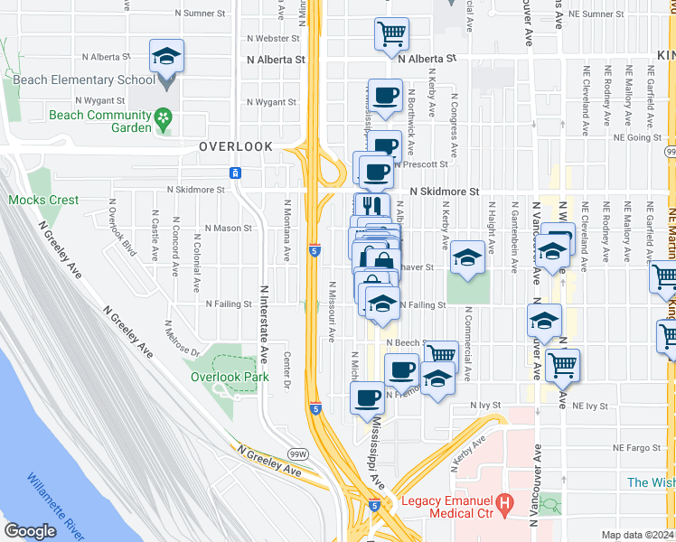 map of restaurants, bars, coffee shops, grocery stores, and more near 1036 North Shaver Street in Portland